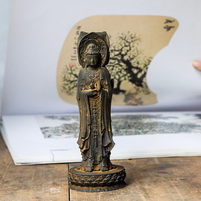 Buddha Stones Driezijdig Kwan Yin Avalokitesvara beeldje van ijzerpoederroest gegoten hars, rijkdomssymbool voor op het bureau. - image 8