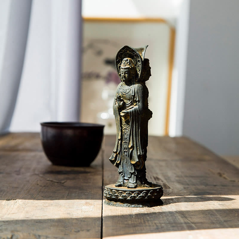 Buddha Stones Driezijdig Kwan Yin Avalokitesvara beeldje van ijzerpoederroest gegoten hars, rijkdomssymbool voor op het bureau. - Roestkleurige versie 16,5*6 cm - image 0