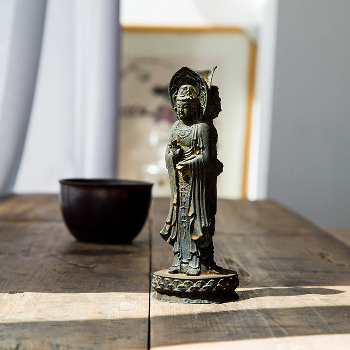 Buddha Stones Driezijdig Kwan Yin Avalokitesvara beeldje van ijzerpoederroest gegoten hars, rijkdomssymbool voor op het bureau. - Roestkleurige versie 16,5*6 cm - image 0