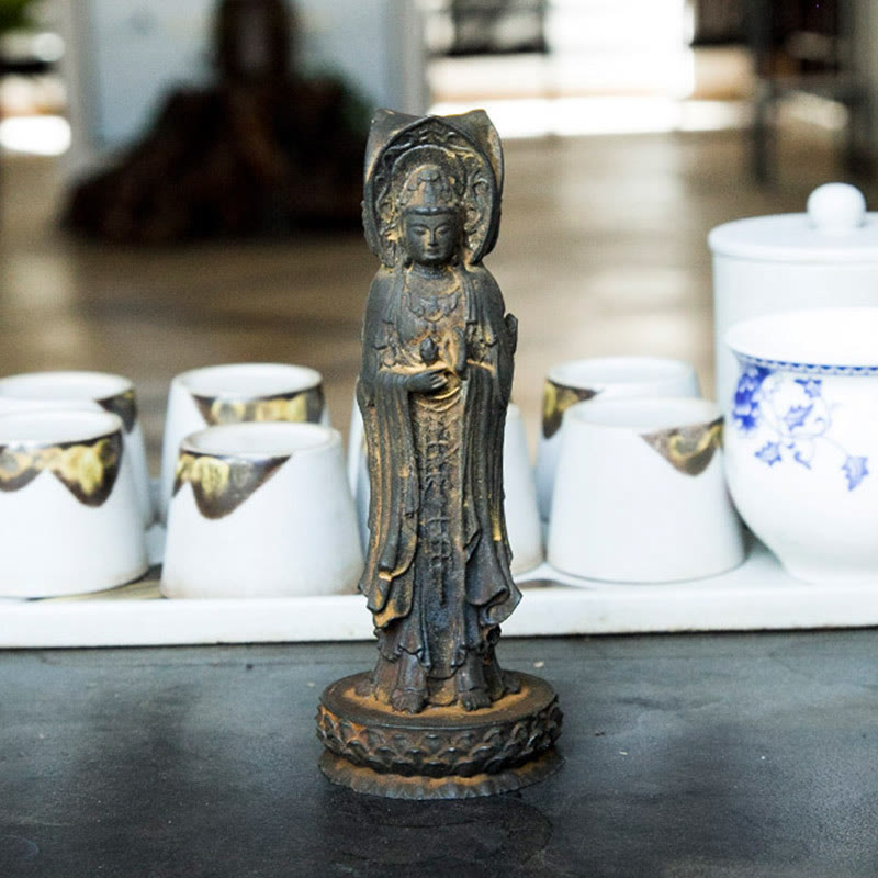 Buddha Stones Driezijdig Kwan Yin Avalokitesvara beeldje van ijzerpoederroest gegoten hars, rijkdomssymbool voor op het bureau. - image 10