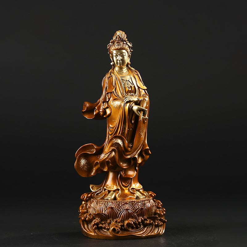 Buddha Stones Kwan Yin Avalokitesvara met een vaas, messing harmonie, koperen beeld, woondecoratie - Kleine Avalokitesvara 11*9*25cm - image 1