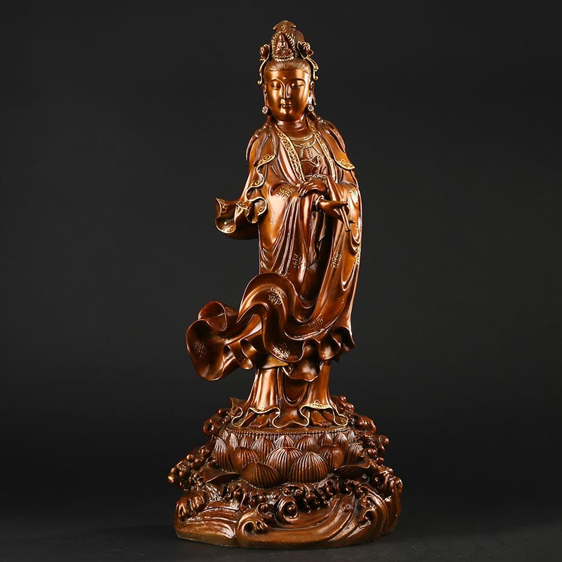 Buddha Stones Kwan Yin Avalokitesvara met een vaas, messing harmonie, koperen beeld, woondecoratie - Grote Avalokitesvara 25*21*58cm - image 2