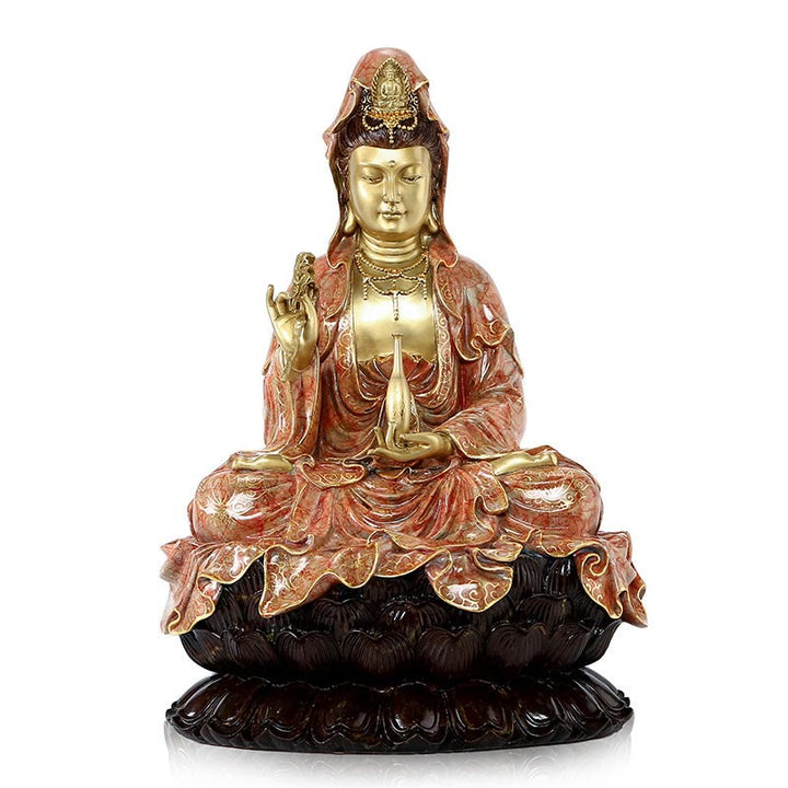 Buddha Stones Kwan Yin Avalokitesvara Lotus Zittende Harmonie Messing Koperen Beeld Huisaltaar Decoratie - Lichtroze Avalokitesvara 27*25*41cm - image 17