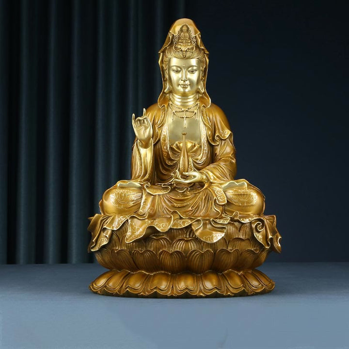 Buddha Stones Kwan Yin Avalokitesvara Lotus Zittende Harmonie Messing Koperen Beeld Huisaltaar Decoratie - Gouden Avalokitesvara 27*25*41cm - image 0