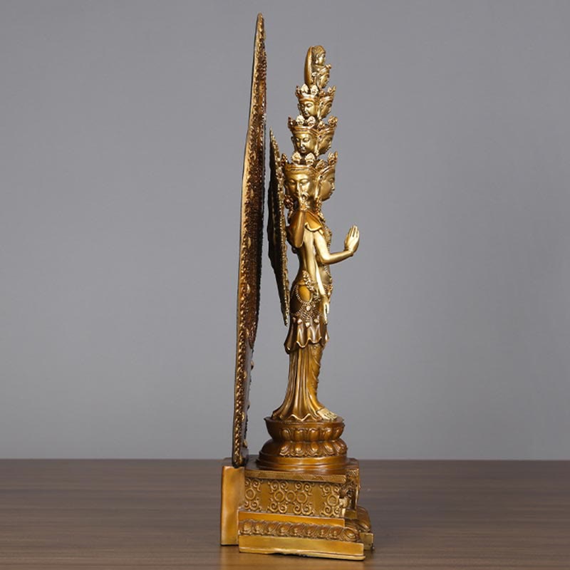 Buddha Stones Handgemaakt duizendarmig Avalokitesvara Kwan Yin Rijkdombeeldje van messing en koper. - image 3