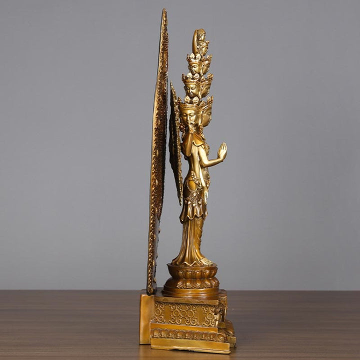 Buddha Stones Handgemaakt duizendarmig Avalokitesvara Kwan Yin Rijkdombeeldje van messing en koper. - image 3
