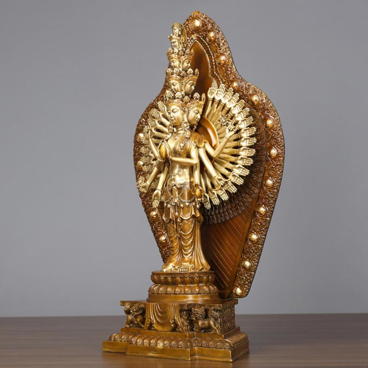 Buddha Stones Handgemaakt duizendarmig Avalokitesvara Kwan Yin Rijkdombeeldje van messing en koper. - image 2