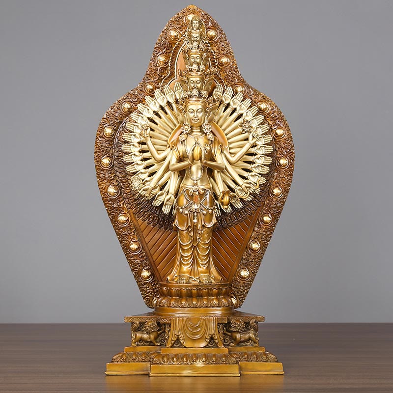 Buddha Stones Handgemaakt duizendarmig Avalokitesvara Kwan Yin Rijkdombeeldje van messing en koper. - image 9