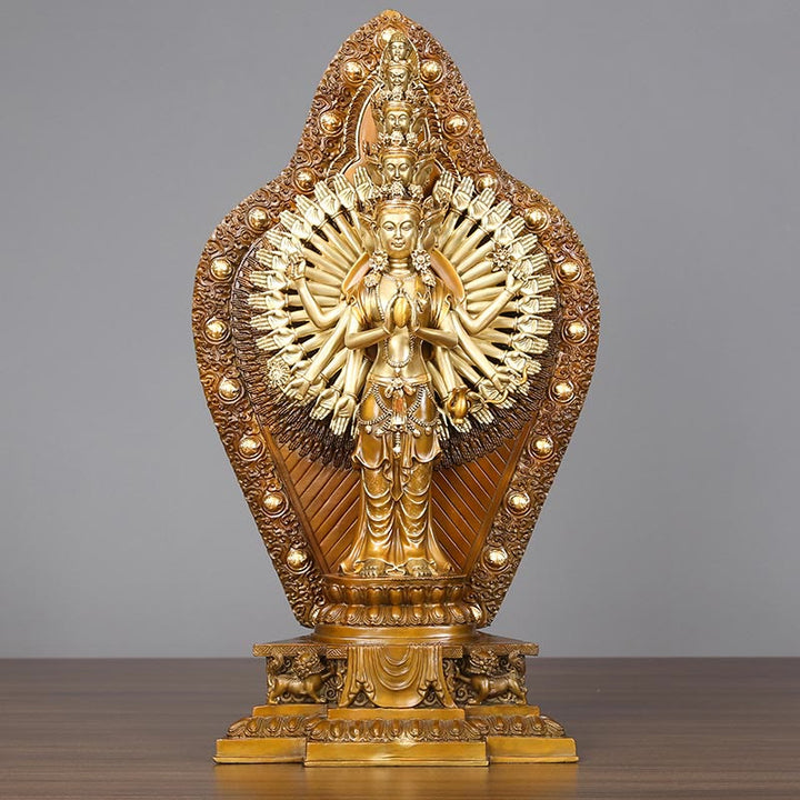 Buddha Stones Handgemaakt duizendarmig Avalokitesvara Kwan Yin Rijkdombeeldje van messing en koper. - image 9