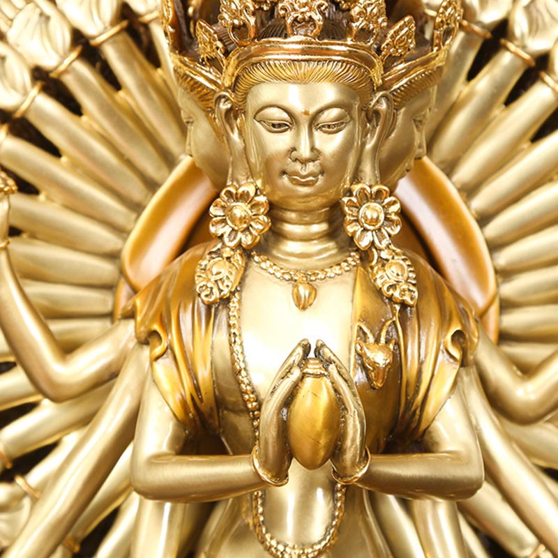 Buddha Stones Handgemaakt duizendarmig Avalokitesvara Kwan Yin Rijkdombeeldje van messing en koper. - image 7