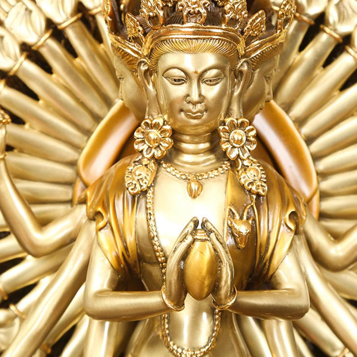 Buddha Stones Handgemaakt duizendarmig Avalokitesvara Kwan Yin Rijkdombeeldje van messing en koper. - image 7
