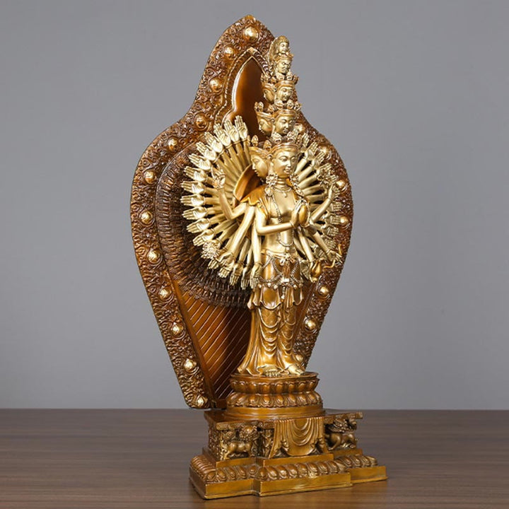 Buddha Stones Handgemaakt duizendarmig Avalokitesvara Kwan Yin Rijkdombeeldje van messing en koper. - image 1