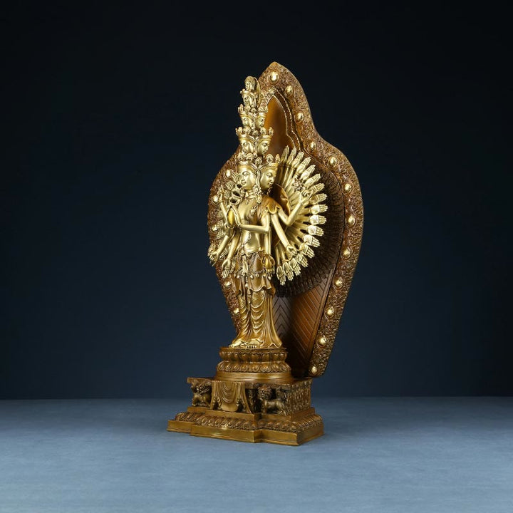 Buddha Stones Handgemaakt duizendarmig Avalokitesvara Kwan Yin Rijkdombeeldje van messing en koper. - image 13