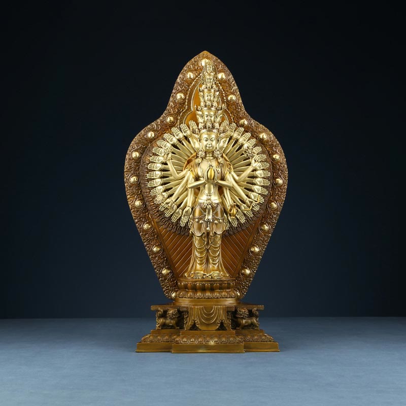 Buddha Stones Handgemaakt duizendarmig Avalokitesvara Kwan Yin Rijkdombeeldje van messing en koper. - image 11