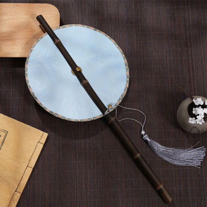 Buddha Stones Handgemaakte kersenbloesem bamboe blad druivenpatroon Lang paarse bamboe handgreep draagbare Waaier - Blauw bamboeblad 21*50cm - image 5