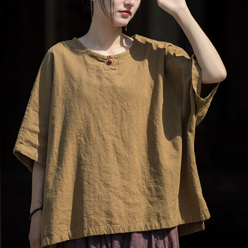 Buddha Stones Casual T-shirt met korte Mouwlengte van ramie linnen en katoen. - image 1