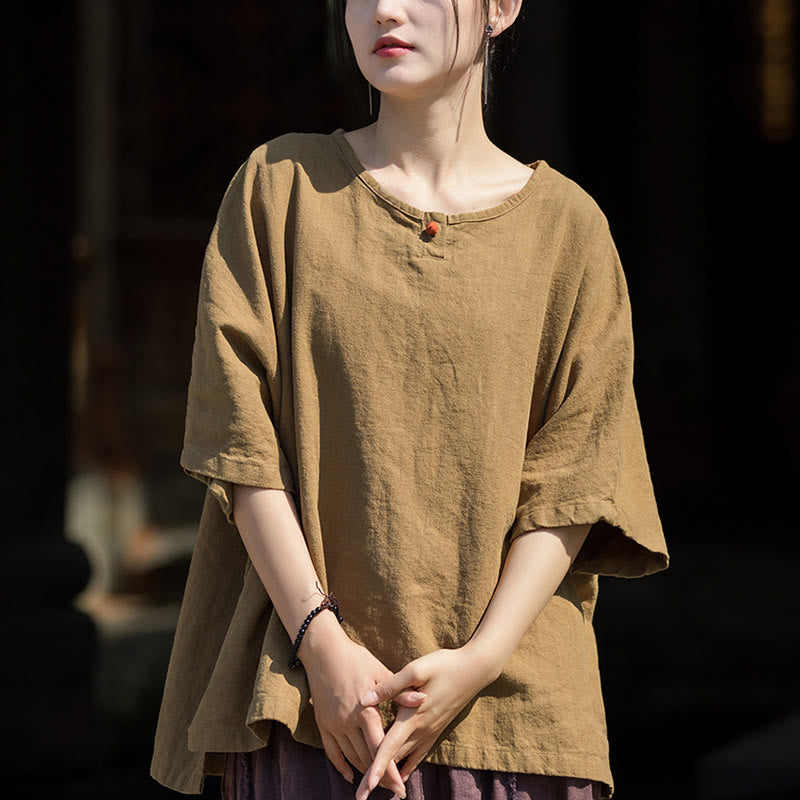Buddha Stones Casual T-shirt met korte Mouwlengte van ramie linnen en katoen. - Donker kaki - US4-8/10, UK/AU8-12/14, EU36-40/42 (F) - image 0