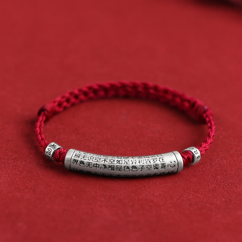 Buddha Stones Handgemaakte Armband van 999 sterling zilver met gegraveerde Om Mani Padme Hum hartsoetra en gelukssymbool . - Enkelband(omtrek 18-30 cm) - Donkerrood - image 0