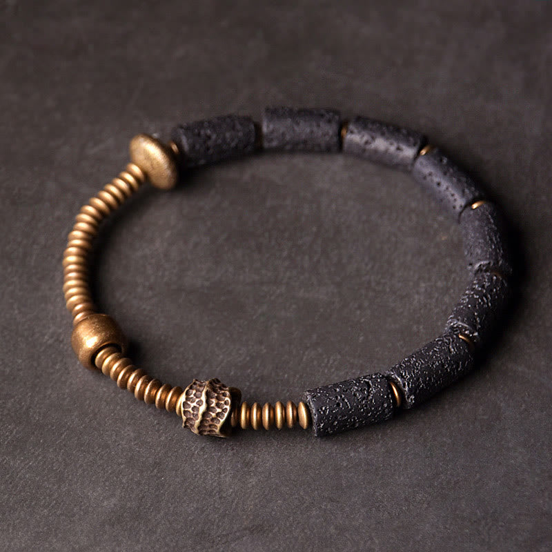 Buddha Stones Armband met zwarte lavasteen kralen en koperen accenten voor geluk en rijkdom. - 17-17,6 cm - image 0