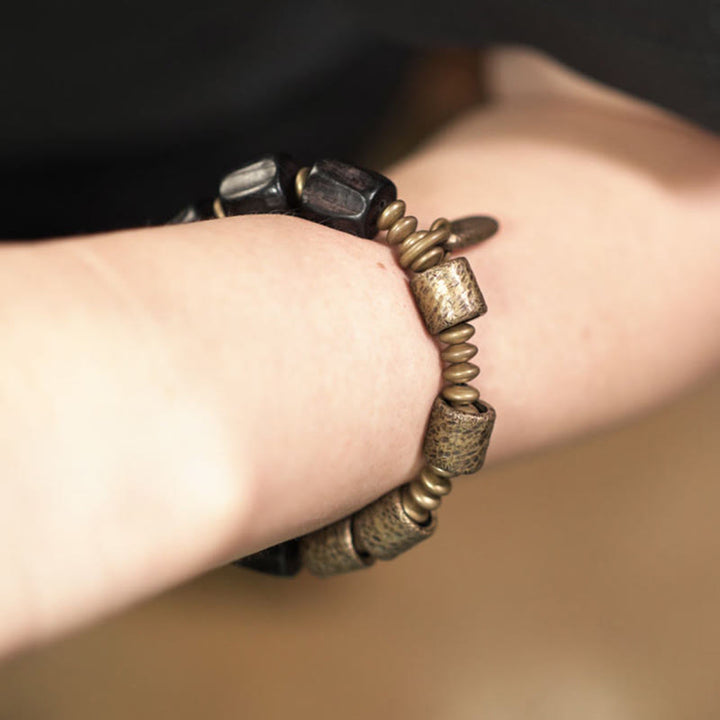 Buddha Stones Vintage Armband van ebbenhout en koperen kralen - image 8
