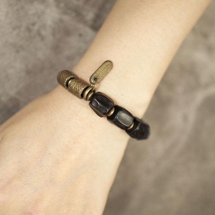 Buddha Stones Vintage Armband van ebbenhout en koperen kralen - image 9