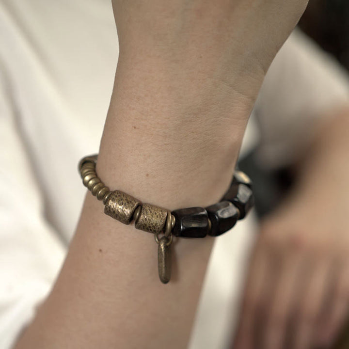 Buddha Stones Vintage Armband van ebbenhout en koperen kralen - image 4