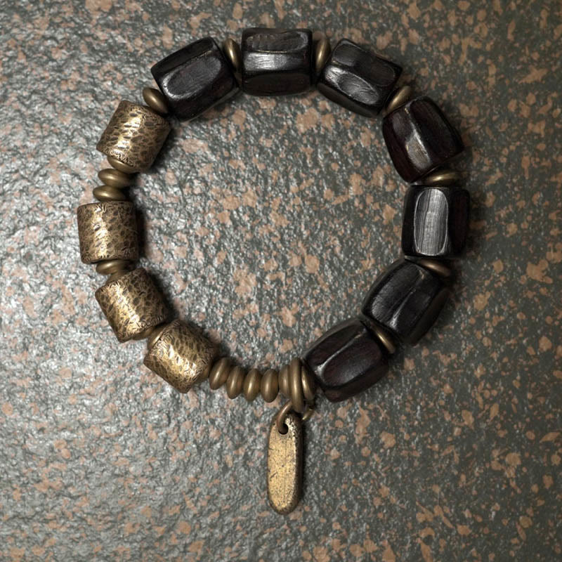 Buddha Stones Vintage Armband van ebbenhout en koperen kralen - 17-17,6 cm - image 0
