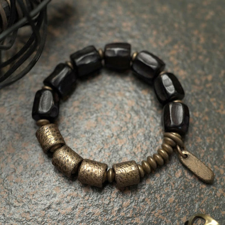 Buddha Stones Vintage Armband van ebbenhout en koperen kralen - image 3
