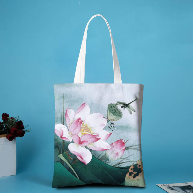 Buddha Stones Lotusvormige canvas Schoudertas - Roze lotus, groene libel - geen rits - image 2
