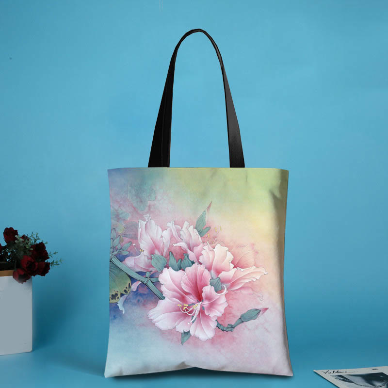 Buddha Stones Grote handgemaakte Schoudertas van canvas met inktprint en lotus- en libellemotief. - Roze en geel (31*35 cm) - image 1