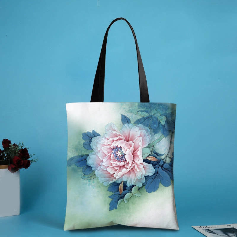Buddha Stones Grote handgemaakte Schoudertas van canvas met inktprint en lotus- en libellemotief. - Grote bloem (31*35 cm) - image 2