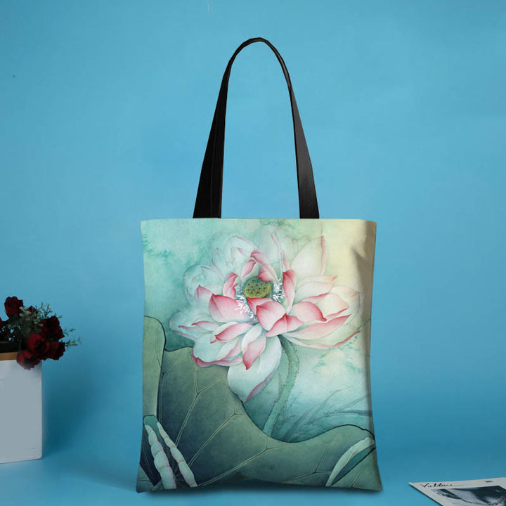 Buddha Stones Grote handgemaakte Schoudertas van canvas met inktprint en lotus- en libellemotief. - Roze lotusbloem (31*35 cm) - image 4