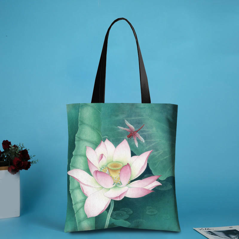 Buddha Stones Grote handgemaakte Schoudertas van canvas met inktprint en lotus- en libellemotief. - Libel (31*35 cm) - image 3