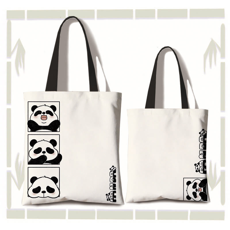 Buddha Stones Grote handgemaakte canvas Schoudertas met schattige panda, ideaal als boodschappentas voor woon-werkverkeer. - Emoji met 3 vakken (ritssluiting en binnenvak) - image 1