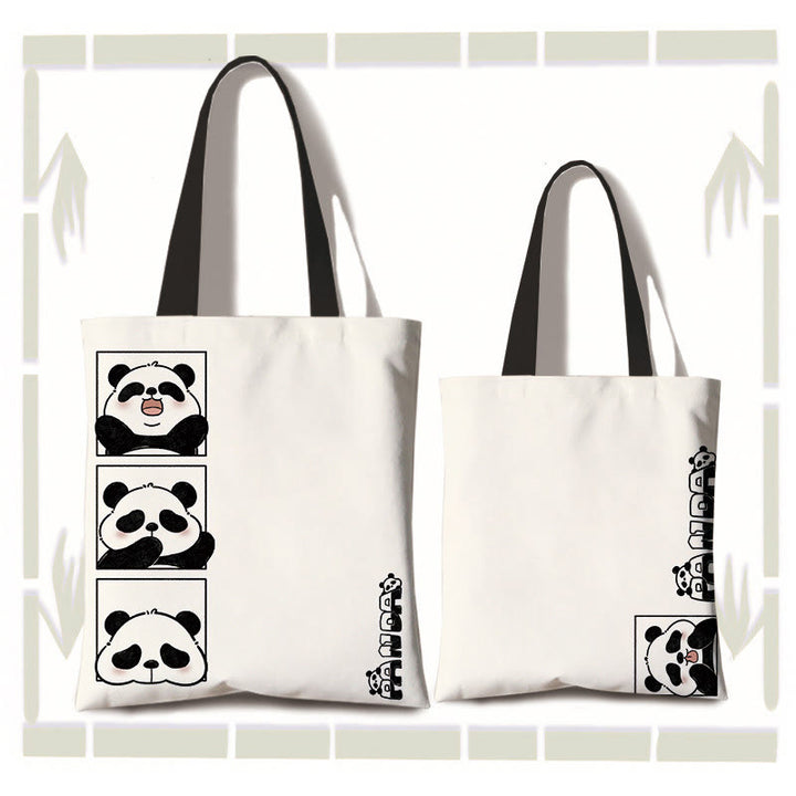 Buddha Stones Grote handgemaakte canvas Schoudertas met schattige panda, ideaal als boodschappentas voor woon-werkverkeer. - Emoji met 3 vakken (ritssluiting en binnenvak) - image 1