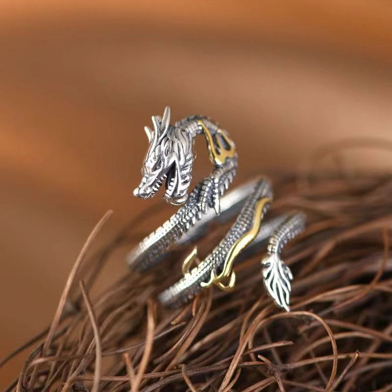 Buddha Stones Vintage Ring met drakenpatroon - image 1