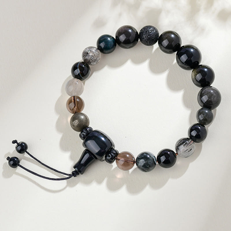 Buddha Stones Armband met vijf elementen, diverse kristallen, zwarte obsidiaan, symbool voor rijkdom en wijsheid. - Kralen (10mm) - image 1