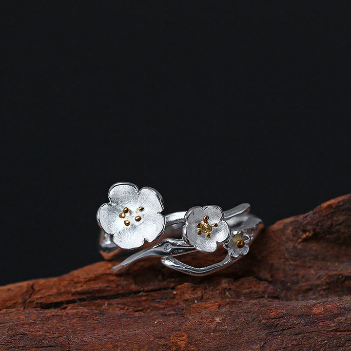 Buddha Stones 925 Sterling Zilveren Pruim Bossom Balans Ring - Gouden meeldraden - image 0