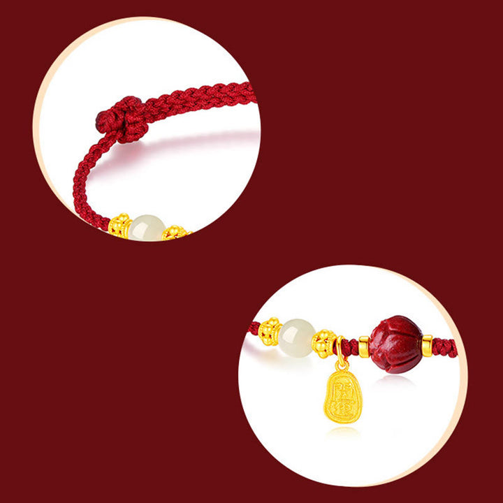 Buddha Stones Fu Character Jade Cinnabar 24K Gold Plated Luck Red String Armband - image 12