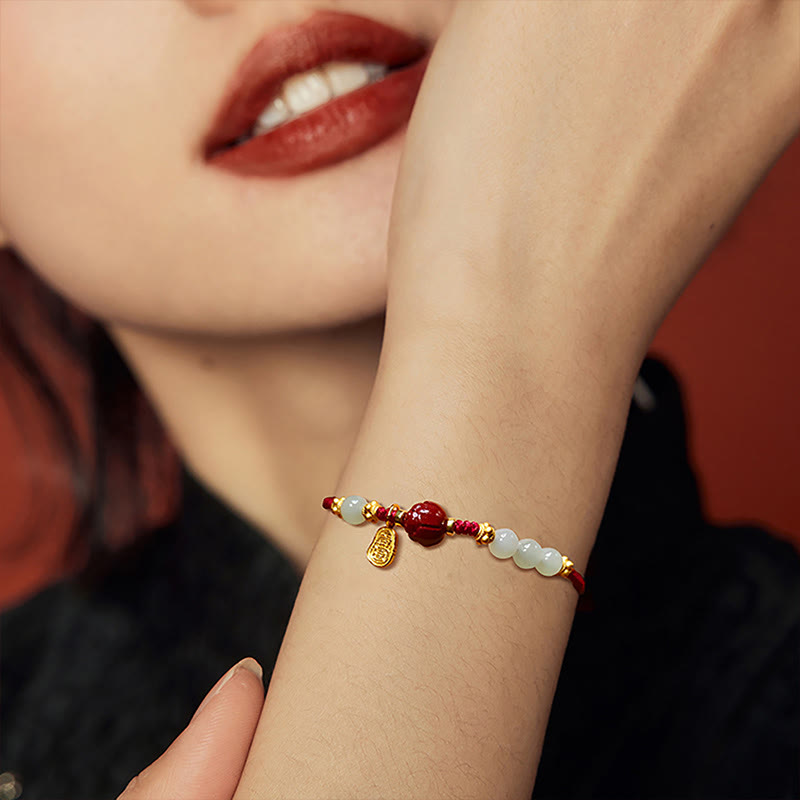 Buddha Stones Fu Character Jade Cinnabar 24K Gold Plated Luck Red String Armband - image 3