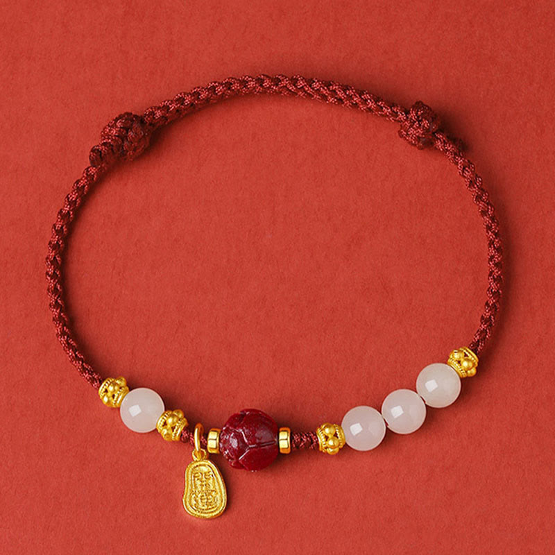 Buddha Stones Fu Character Jade Cinnabar 24K Gold Plated Luck Red String Armband - image 1