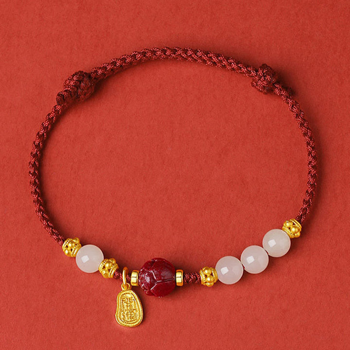 Buddha Stones Fu Character Jade Cinnabar 24K Gold Plated Luck Red String Armband - image 1