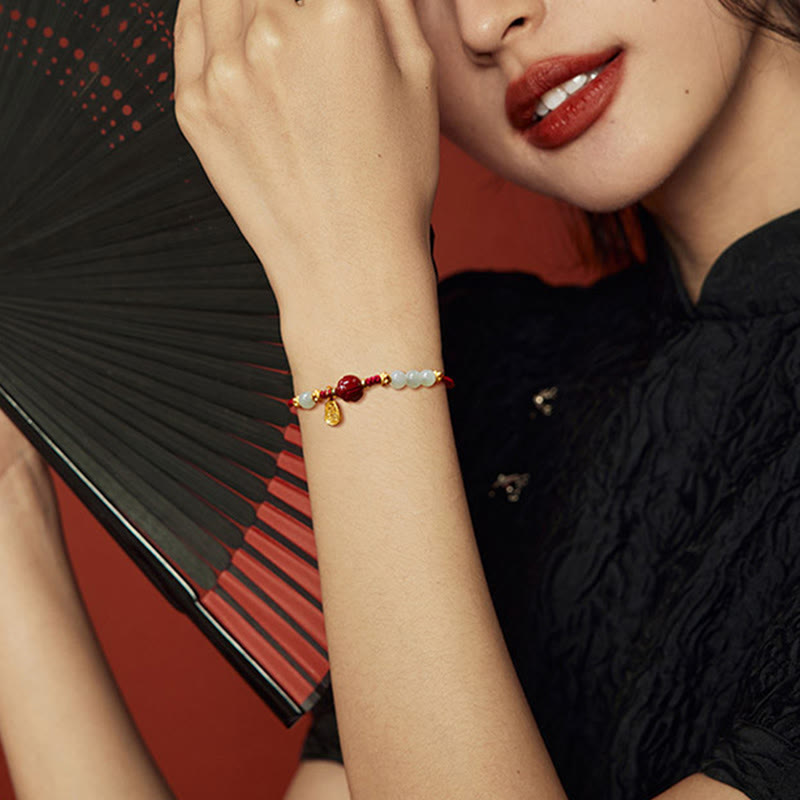 Buddha Stones Fu Character Jade Cinnabar 24K Gold Plated Luck Red String Armband - image 4