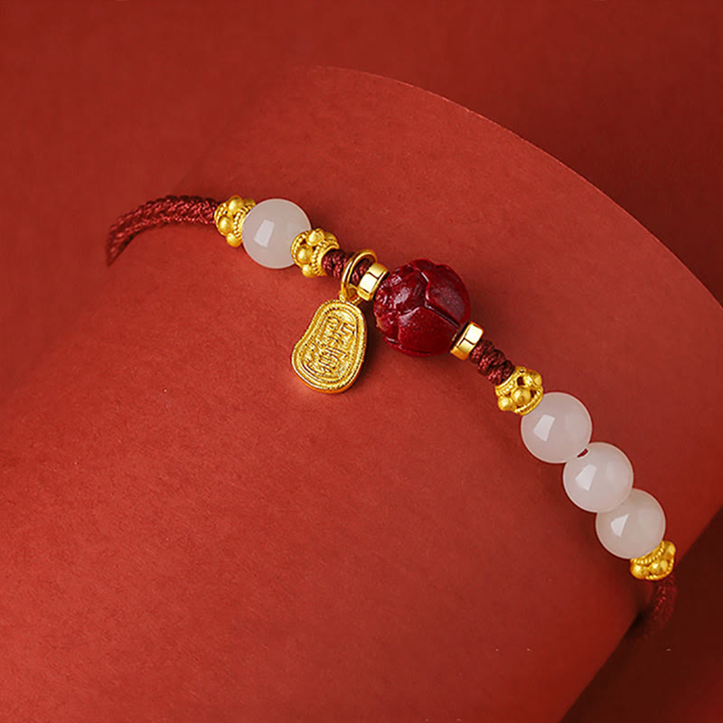 Buddha Stones Fu Character Jade Cinnabar 24K Gold Plated Luck Red String Armband - image 2