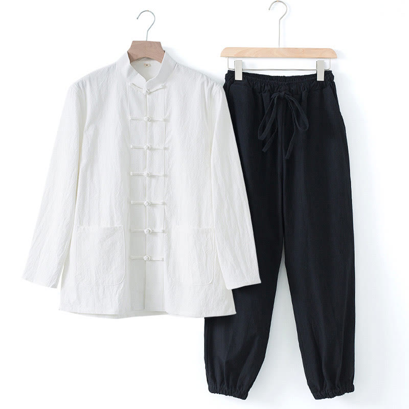 Buddha Stones Meditatiepak met kikkerknopen, Lange mouw, overhemd en broek voor heren - Wit shirt en zwarte broek - US/UK/AU44, EU54 (4XL) - image 19