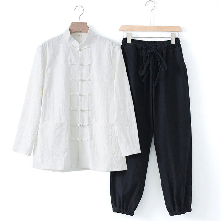 Buddha Stones Meditatiepak met kikkerknopen, Lange mouw, overhemd en broek voor heren - Wit shirt en zwarte broek - US/UK/AU44, EU54 (4XL) - image 19