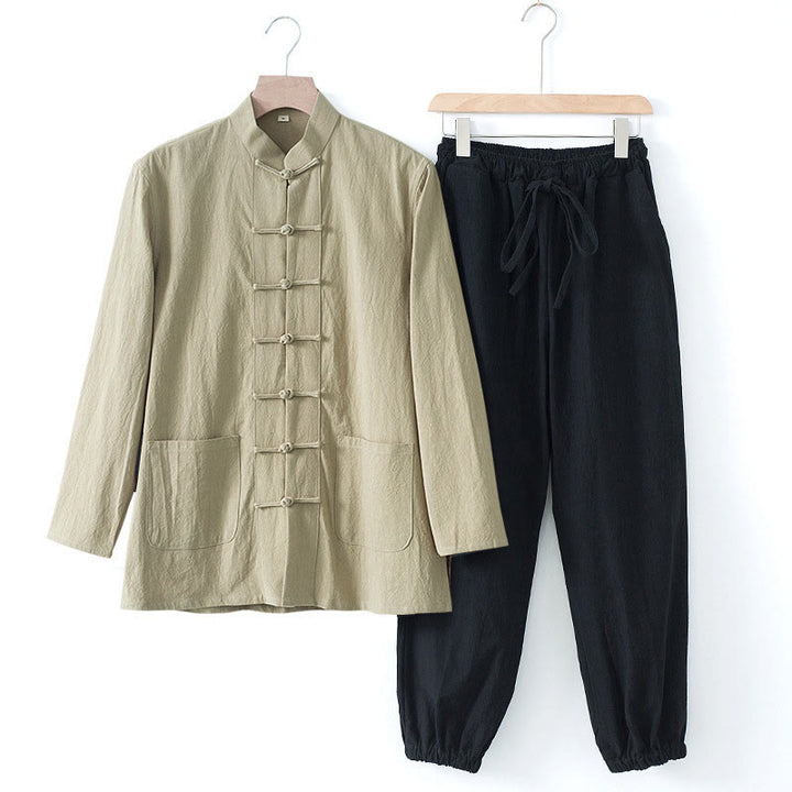 Buddha Stones Meditatiepak met kikkerknopen, Lange mouw, overhemd en broek voor heren - Beige shirt en zwarte broek - US/UK/AU44, EU54 (4XL) - image 22