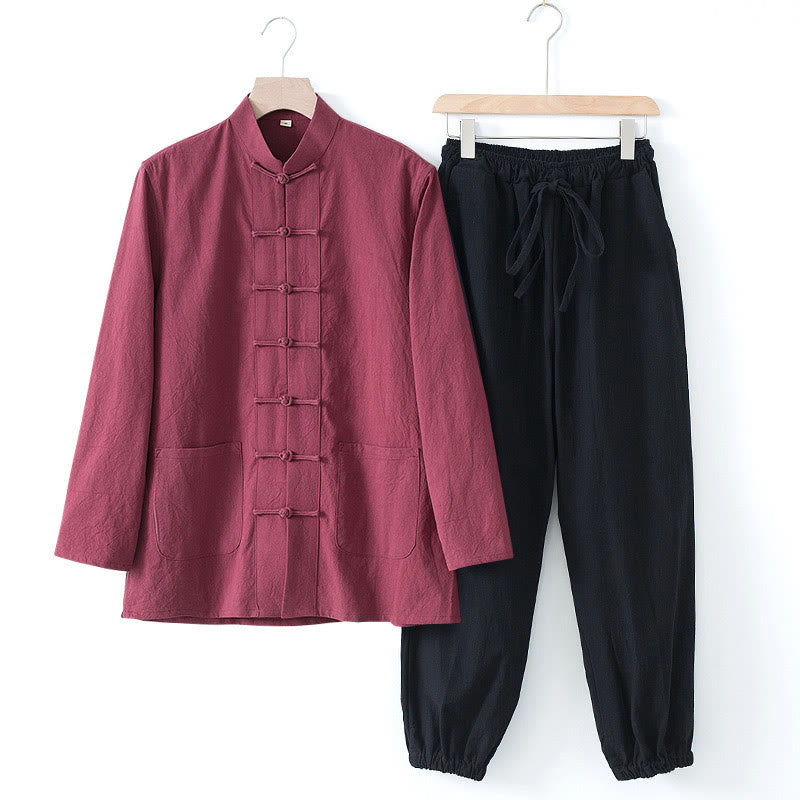 Buddha Stones Meditatiepak met kikkerknopen, Lange mouw, overhemd en broek voor heren - Bordeauxrood shirt en zwarte broek - US/UK/AU44, EU54 (4XL) - image 23