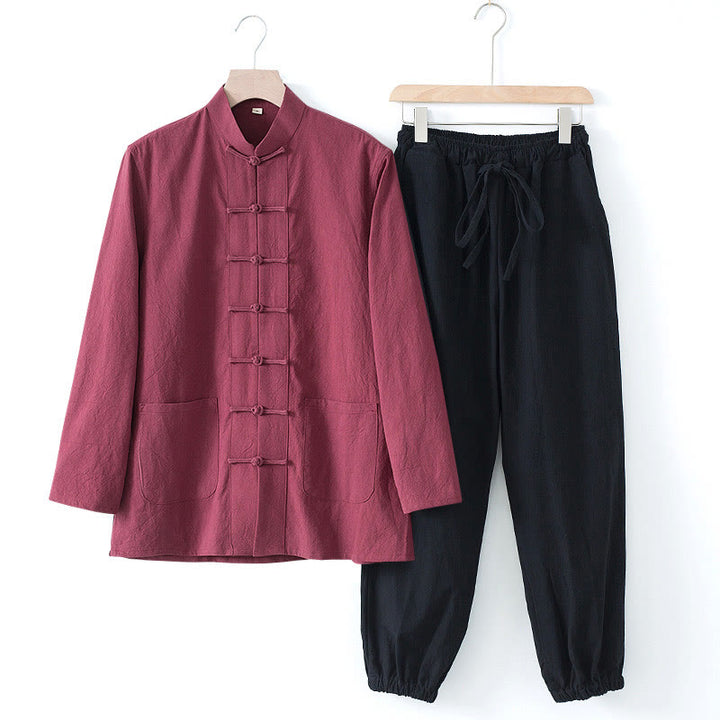 Buddha Stones Meditatiepak met kikkerknopen, Lange mouw, overhemd en broek voor heren - Bordeauxrood shirt en zwarte broek - US/UK/AU44, EU54 (4XL) - image 23