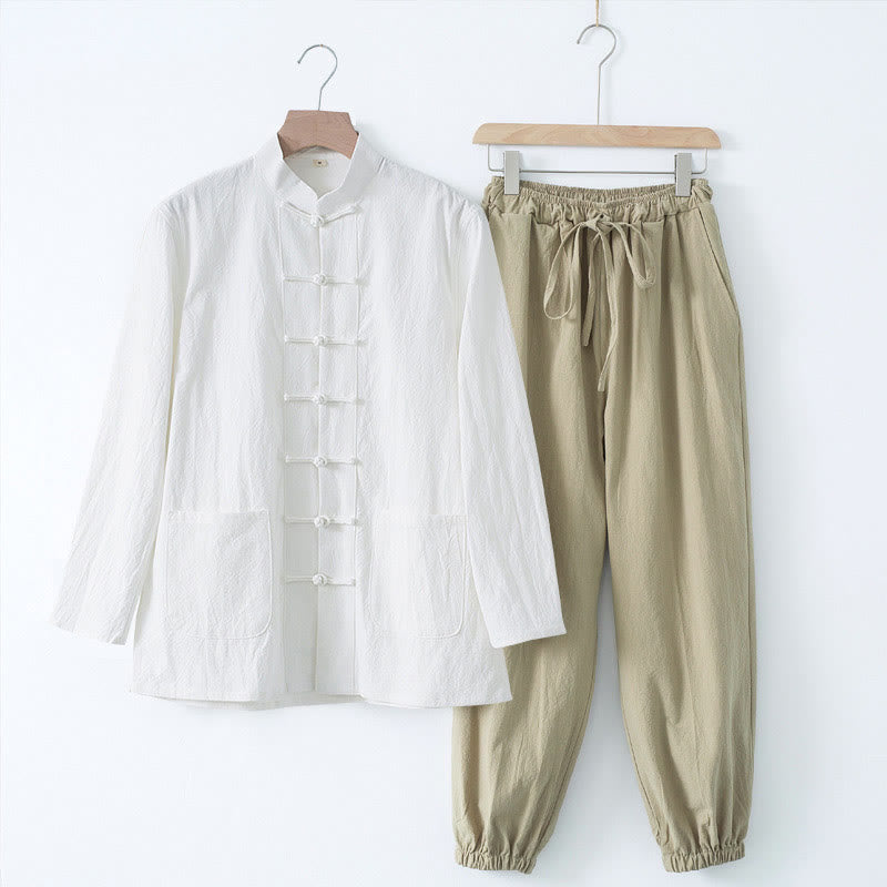 Buddha Stones Meditatiepak met kikkerknopen, Lange mouw, overhemd en broek voor heren - Wit overhemd en beige broek - US/UK/AU44, EU54 (4XL) - image 18